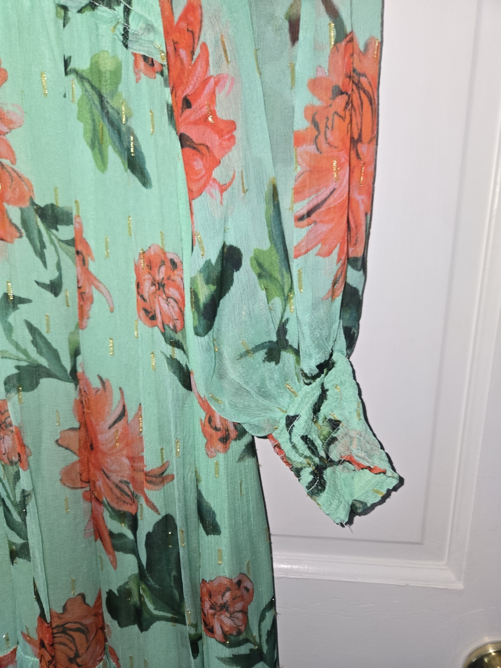 Anthropologie Mint Green Maxi Dress with Coral Floral Print - L - Picture 4 of 5